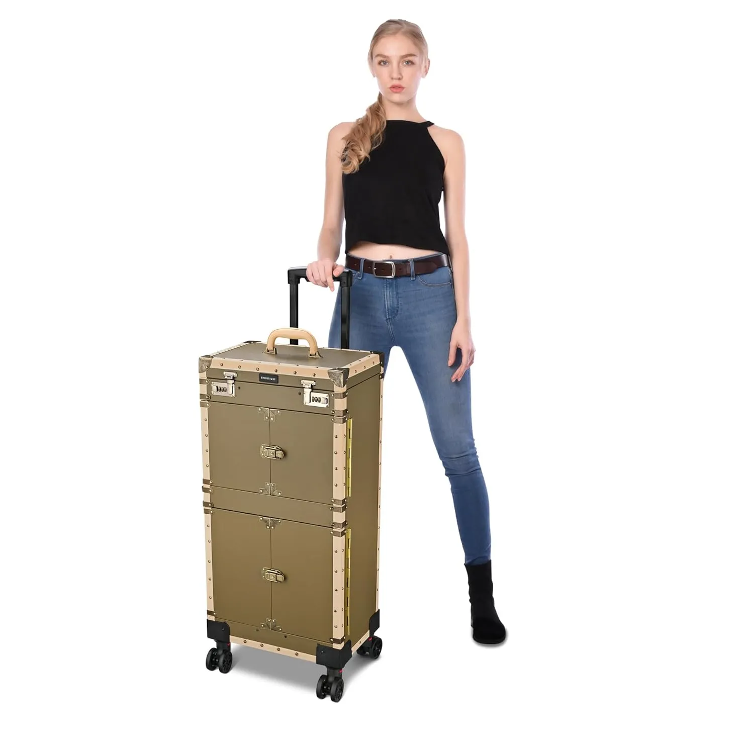BYOOTIQUE Rolling Makeup Train Case 15" x 11" x 33" Travel Stylist Case Lockable Hairdressing Trolley for Hair Salon Clipper Trimmer Box Barber Station with Hair Dryer Holder 360 Degree Wheel, Bronze