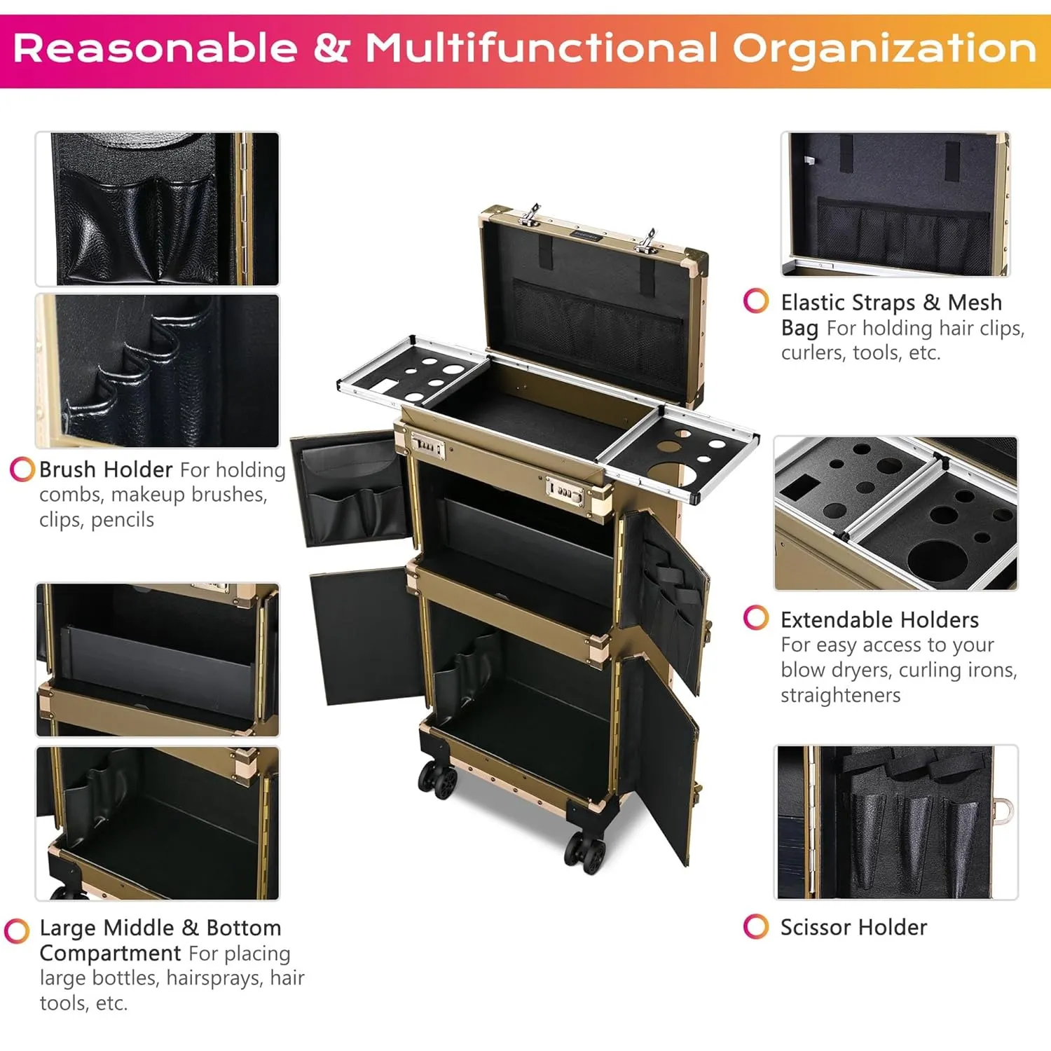 BYOOTIQUE Rolling Makeup Train Case 15" x 11" x 33" Travel Stylist Case Lockable Hairdressing Trolley for Hair Salon Clipper Trimmer Box Barber Station with Hair Dryer Holder 360 Degree Wheel, Bronze