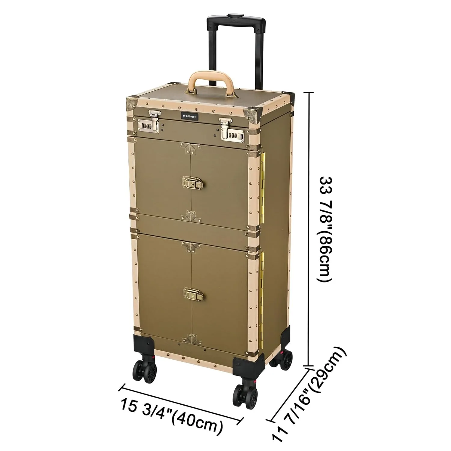 BYOOTIQUE Rolling Makeup Train Case 15" x 11" x 33" Travel Stylist Case Lockable Hairdressing Trolley for Hair Salon Clipper Trimmer Box Barber Station with Hair Dryer Holder 360 Degree Wheel, Bronze