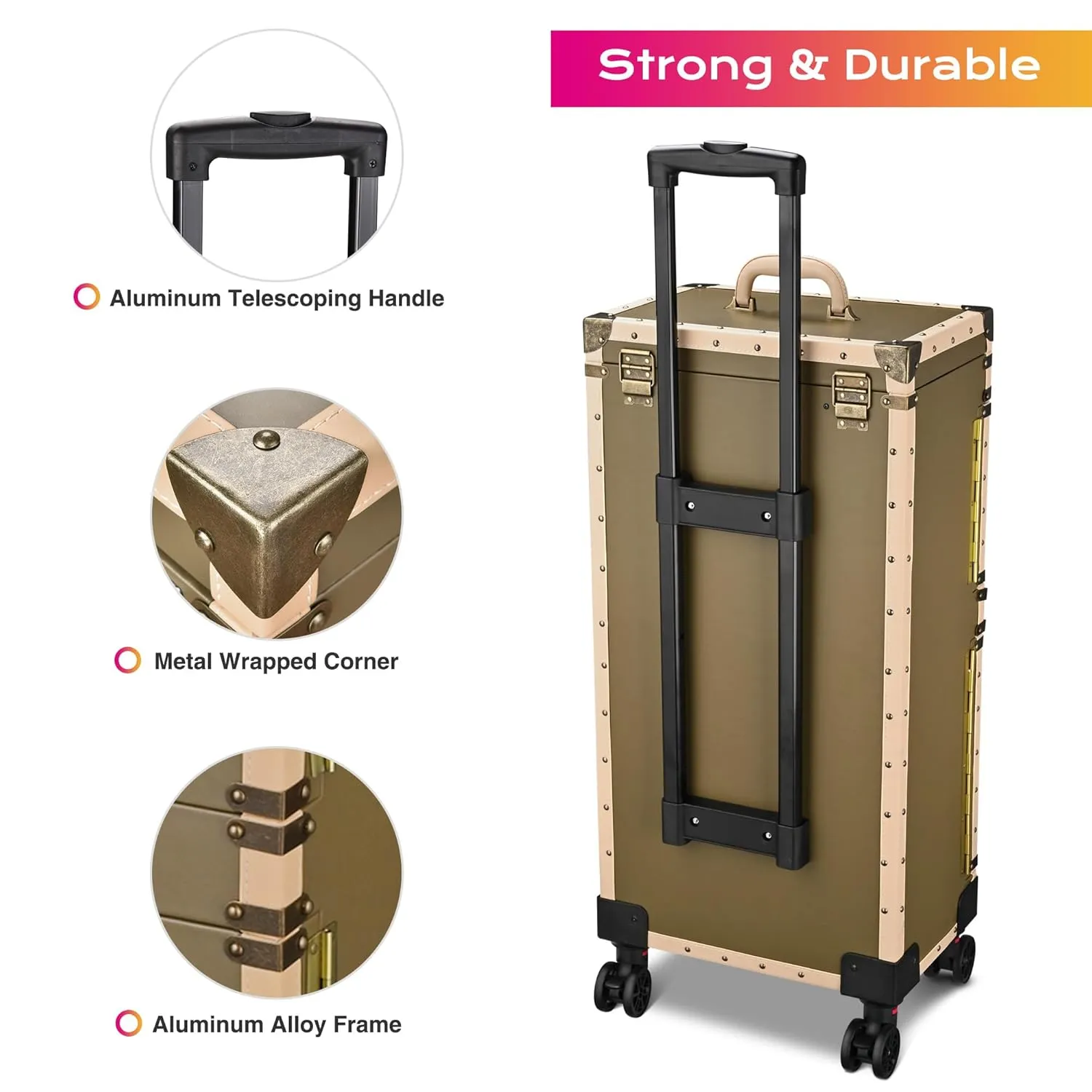 BYOOTIQUE Rolling Makeup Train Case 15" x 11" x 33" Travel Stylist Case Lockable Hairdressing Trolley for Hair Salon Clipper Trimmer Box Barber Station with Hair Dryer Holder 360 Degree Wheel, Bronze