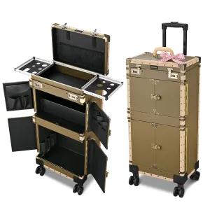 BYOOTIQUE Rolling Makeup Train Case 15" x 11" x 33" Travel Stylist Case Lockable Hairdressing Trolley for Hair Salon Clipper Trimmer Box Barber Station with Hair Dryer Holder 360 Degree Wheel, Bronze