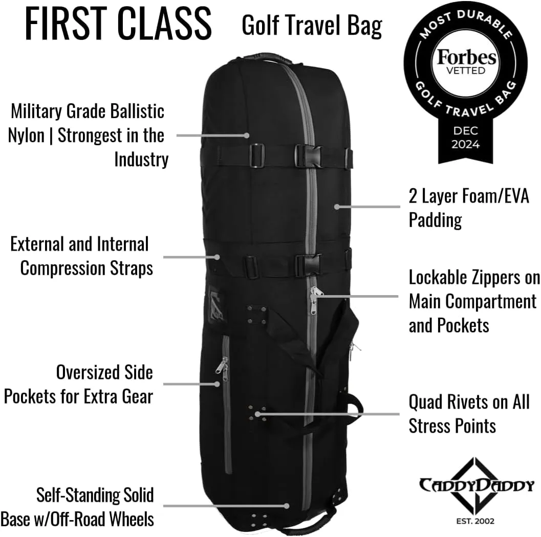 CaddyDaddy New First Class Premium Padded Golf Club Travel Cover with Wheels - Heavy Duty Golf Travel Bag for Airlines