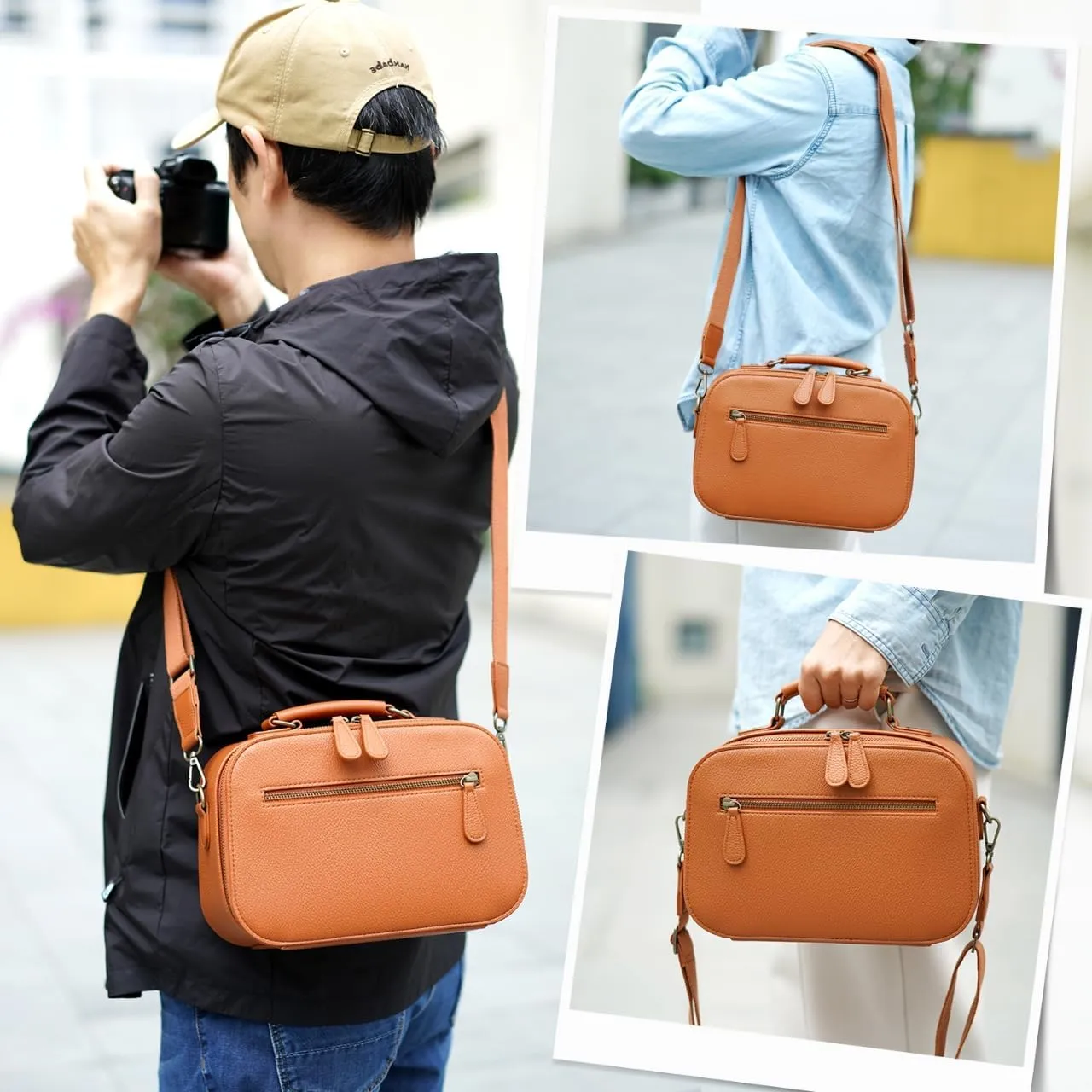 Camera Sling Bag, Waterproof PU Leather Crossbody Camere Bag for Photographers, Small Shockproof Case with Removable Dividers for DSLR/SLR/Mirrorless, 5L Brown