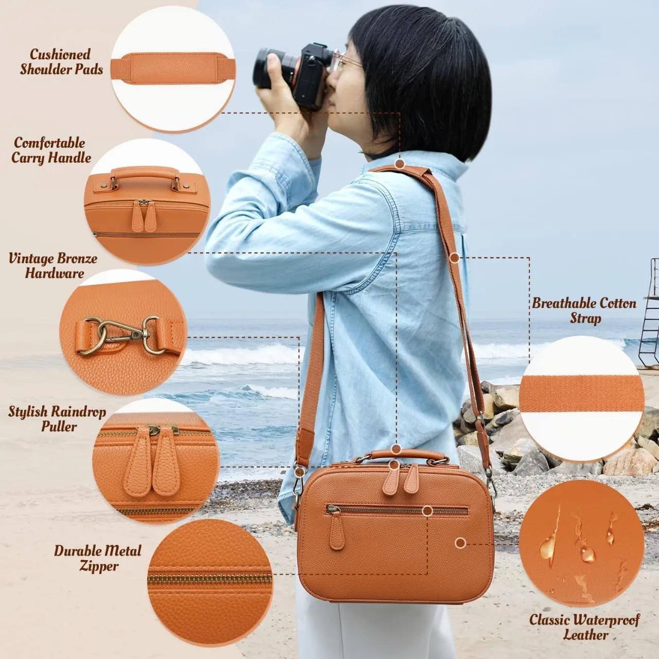 Camera Sling Bag, Waterproof PU Leather Crossbody Camere Bag for Photographers, Small Shockproof Case with Removable Dividers for DSLR/SLR/Mirrorless, 5L Brown