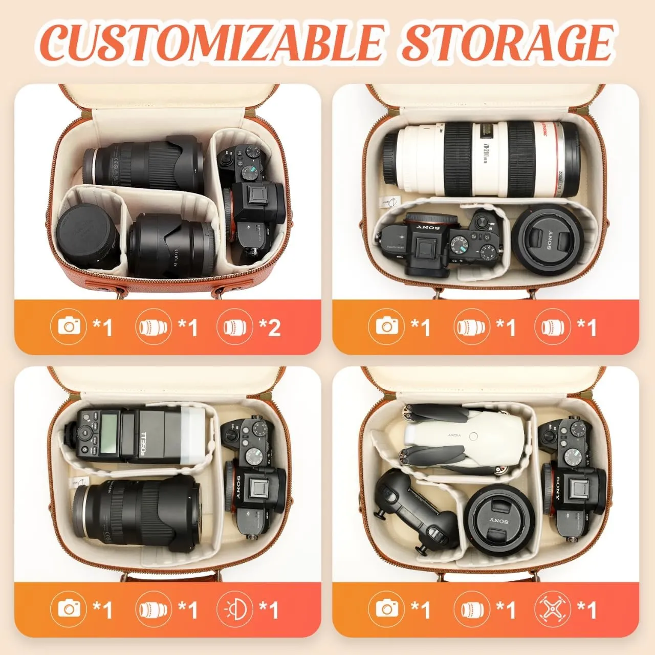 Camera Sling Bag, Waterproof PU Leather Crossbody Camere Bag for Photographers, Small Shockproof Case with Removable Dividers for DSLR/SLR/Mirrorless, 5L Brown