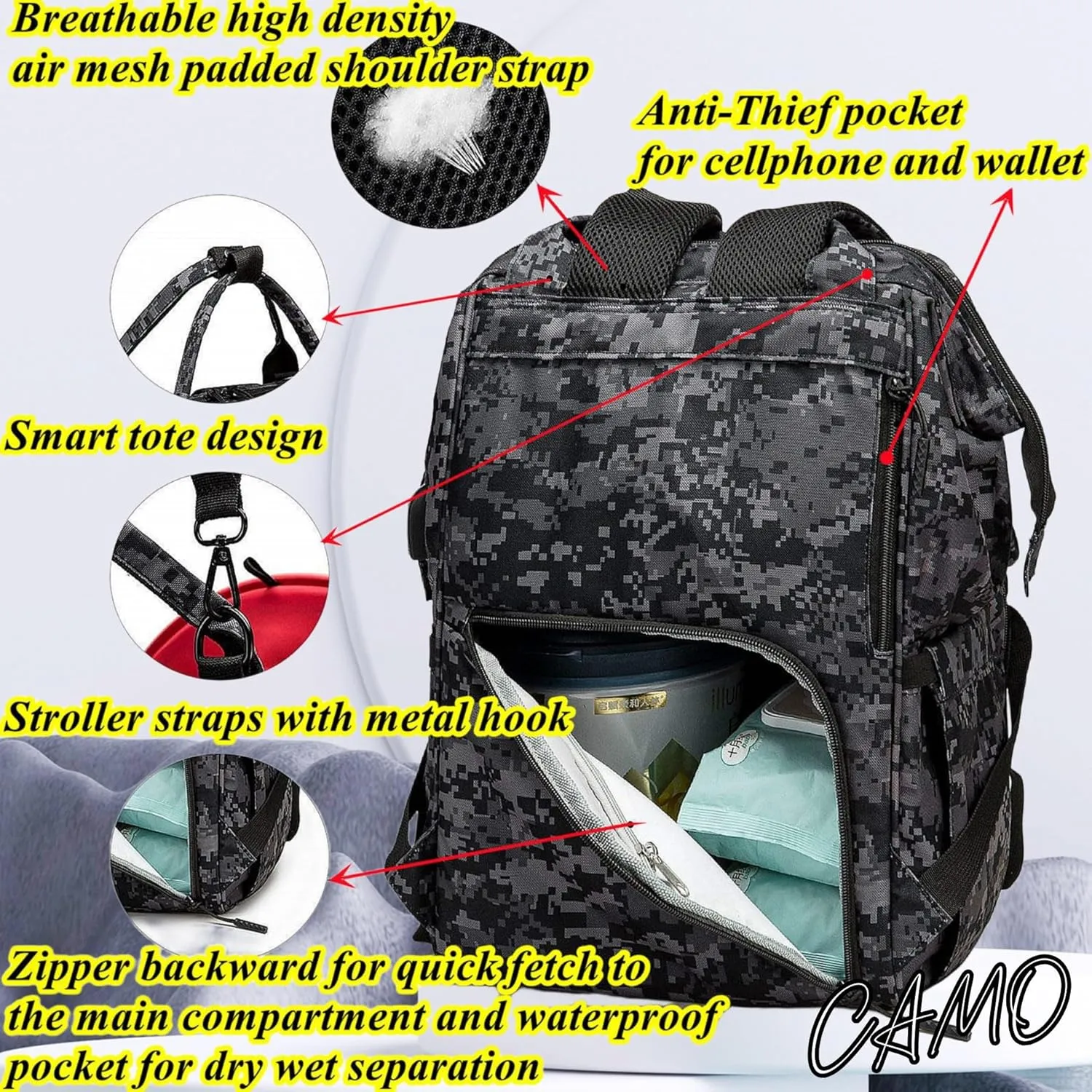 Camo Diaper Bag Backpack for Dad and Mom with USB Charging Port Stroller Straps and Insulated Pocket,army military Travel Nappy Backpack (DADDY and MOMMY patches)