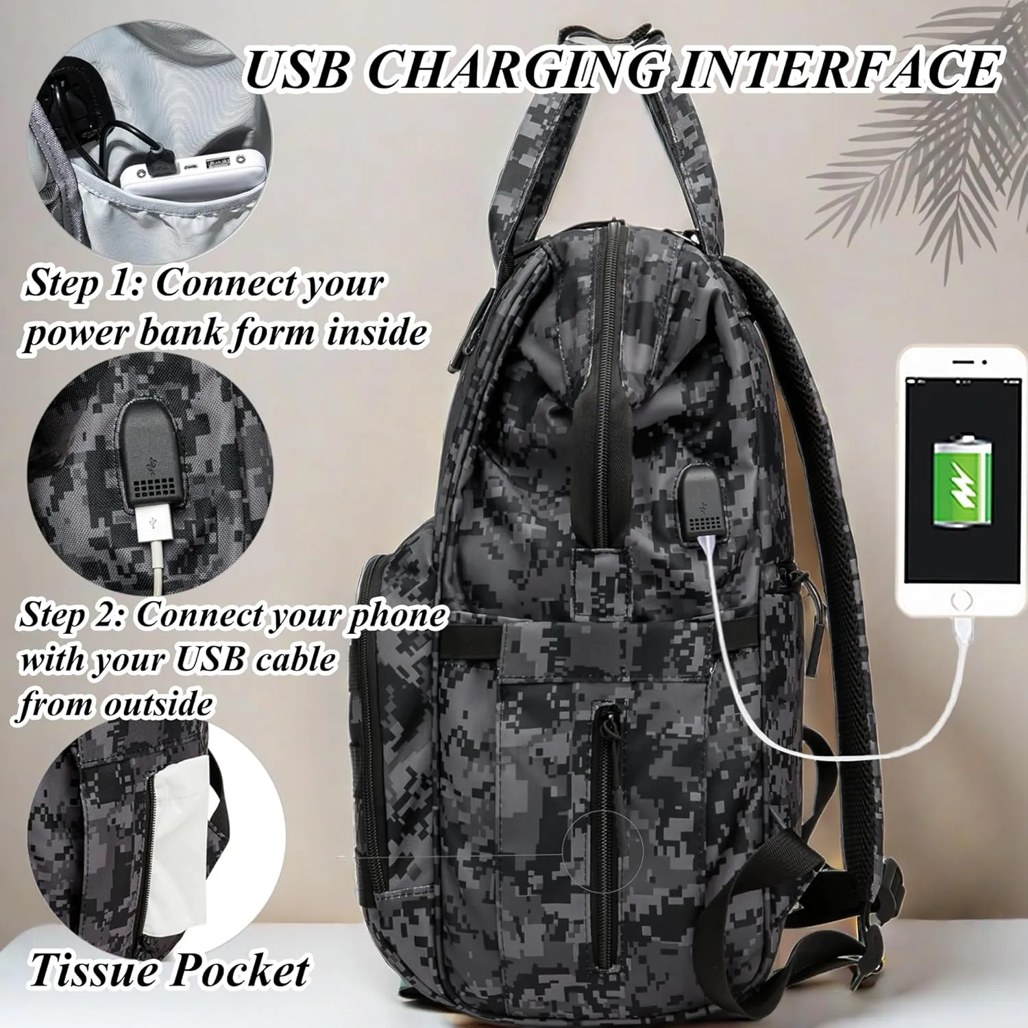 Camo Diaper Bag Backpack for Dad and Mom with USB Charging Port Stroller Straps and Insulated Pocket,army military Travel Nappy Backpack (DADDY and MOMMY patches)