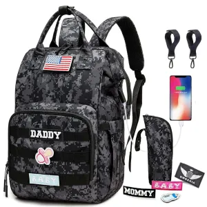 Camo Diaper Bag Backpack for Dad and Mom with USB Charging Port Stroller Straps and Insulated Pocket,army military Travel Nappy Backpack (DADDY and MOMMY patches)