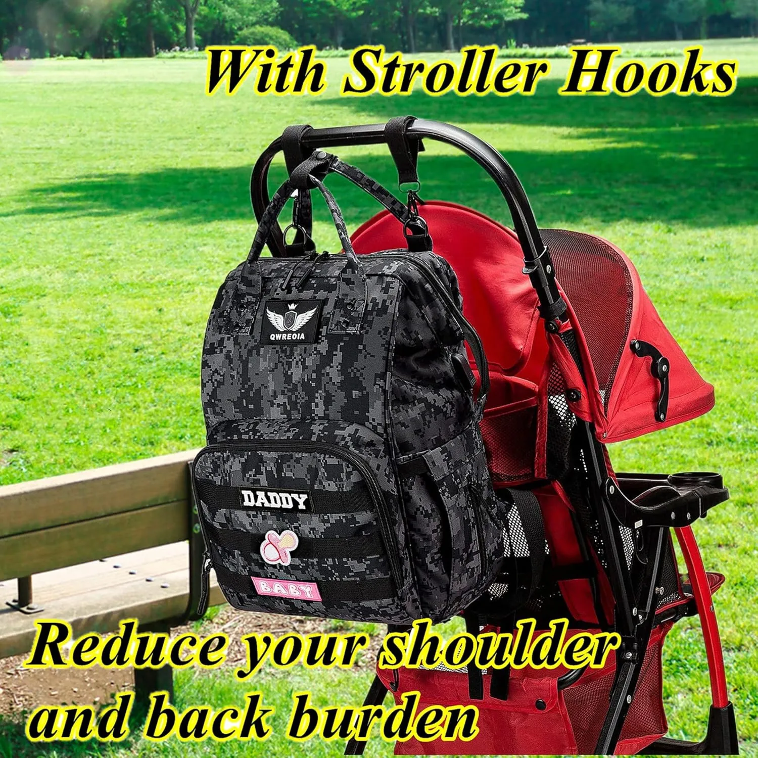 Camo Diaper Bag Backpack for Dad and Mom with USB Charging Port Stroller Straps and Insulated Pocket,army military Travel Nappy Backpack (DADDY and MOMMY patches)