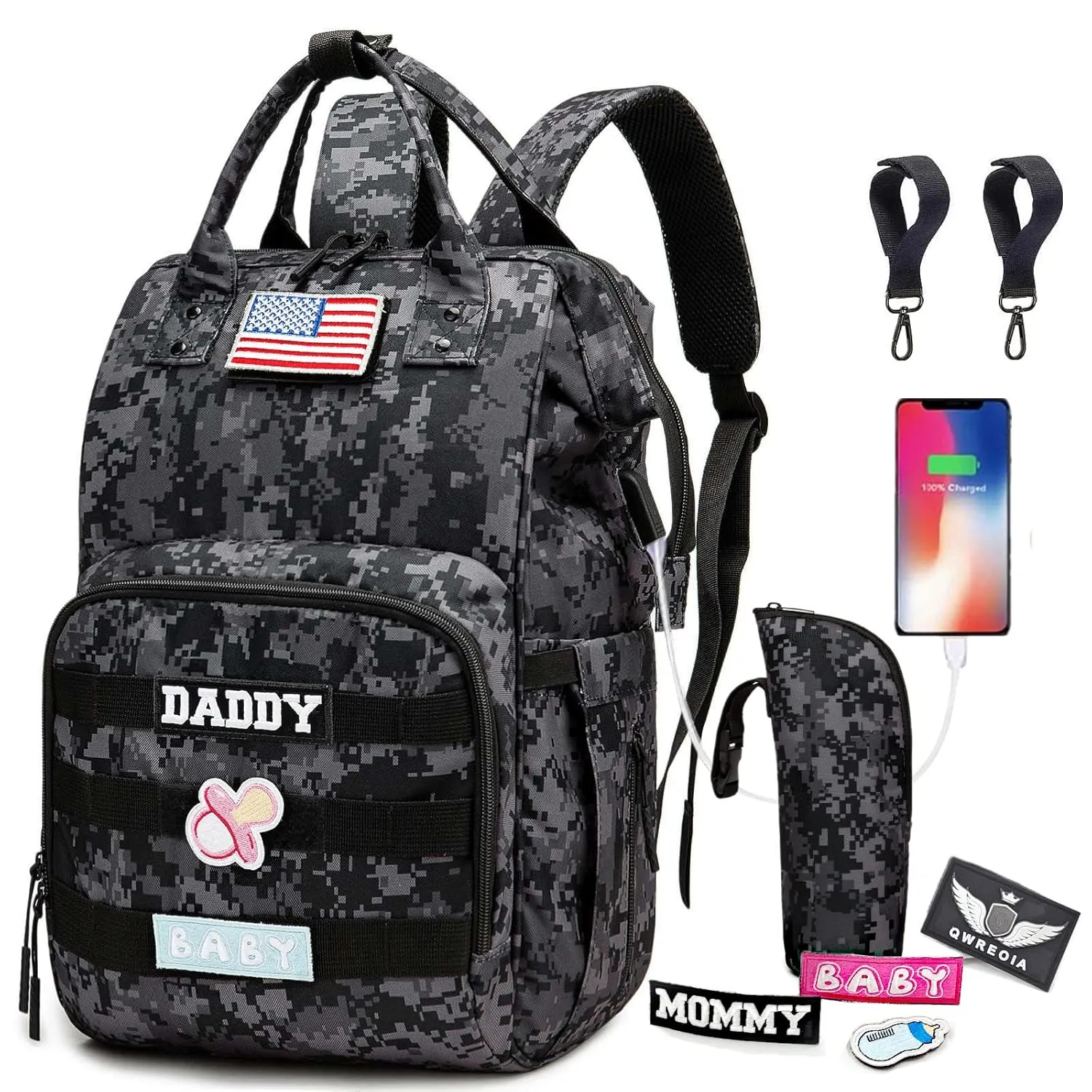Camo Diaper Bag Backpack for Dad and Mom with USB Charging Port Stroller Straps and Insulated Pocket,army military Travel Nappy Backpack (DADDY and MOMMY patches)