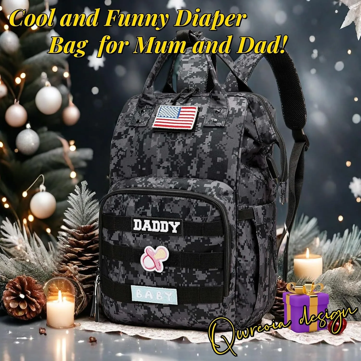 Camo Diaper Bag Backpack for Dad and Mom with USB Charging Port Stroller Straps and Insulated Pocket,army military Travel Nappy Backpack (DADDY and MOMMY patches)