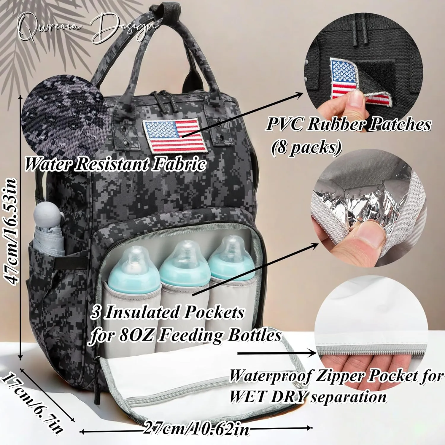 Camo Diaper Bag Backpack for Dad and Mom with USB Charging Port Stroller Straps and Insulated Pocket,army military Travel Nappy Backpack (DADDY and MOMMY patches)