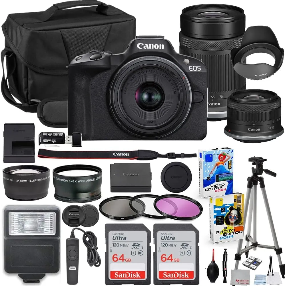 Canon EOS R50 Mirrorless Camera with 18-45mm & 55-210mm Lens Bundle   2X 64GB Memory Cards   Accessory Kit Including Shoulder Bag, Flash, Remote, Aux Lenses, Software & More
