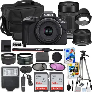 Canon EOS R50 Mirrorless Camera with 18-45mm & 55-210mm Lens Bundle   2X 64GB Memory Cards   Accessory Kit Including Shoulder Bag, Flash, Remote, Aux Lenses, Software & More