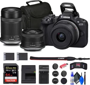 Canon EOS R50 Mirrorless Camera with 18-45mm and 55-210mm Lenses (Black) (5811C022)   64GB Memory Card   Bag   Charger   LPE17 Battery   Card Reader   Memory Wallet   Cleaning Kit (Renewed)