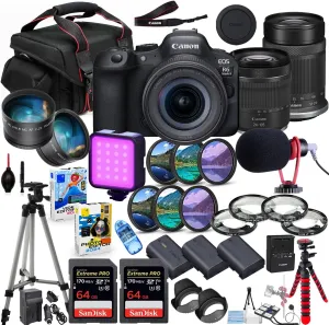 Canon EOS R6 Mark II Mirrorless Camera with 24-105mm & 55-210mm Lens Bundle   Premium Package Including 128GB Extreme Memory, Microphone, LED Light, Photo-Video Software & More (38 Pieces) (Renewed)