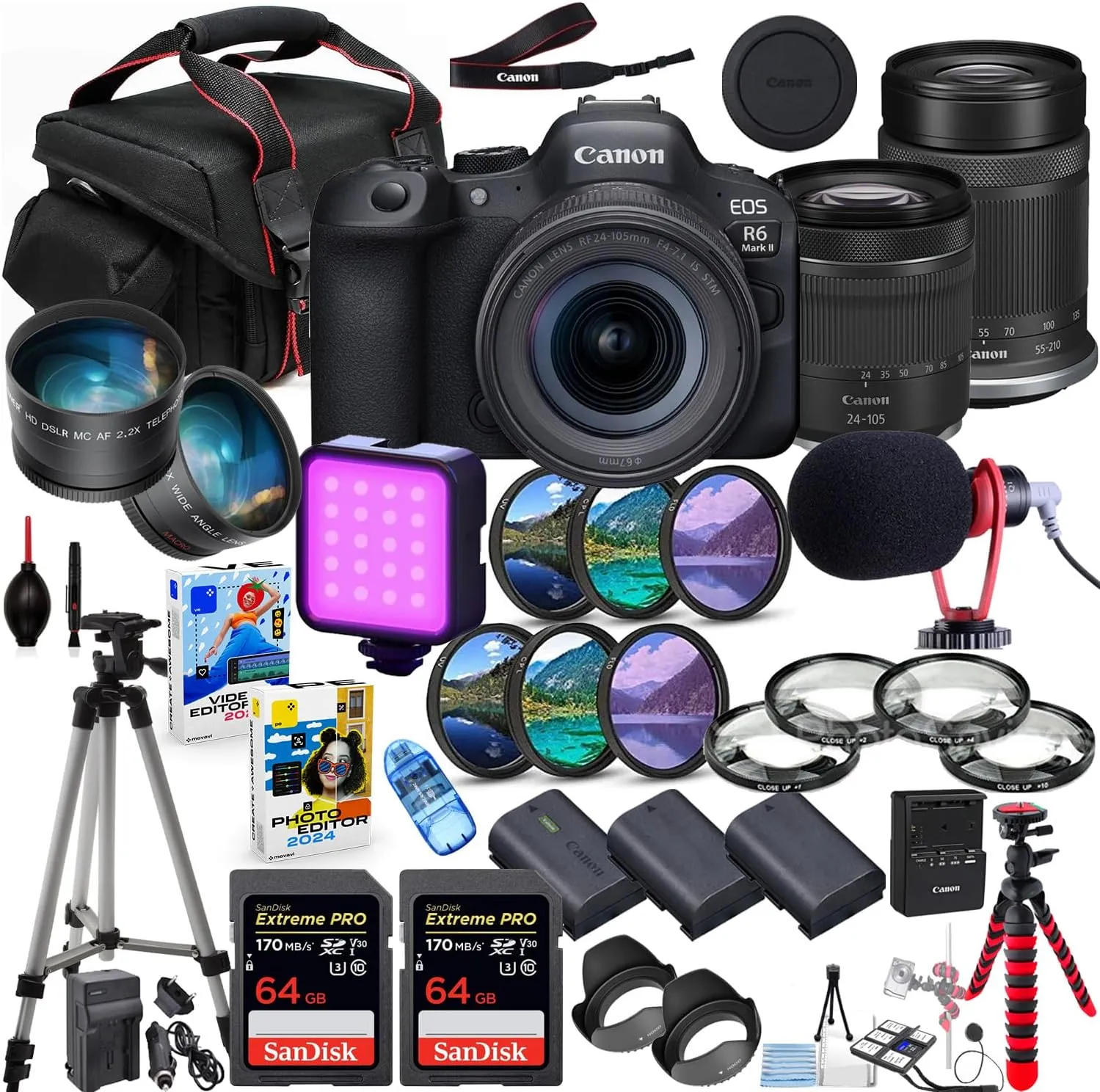 Canon EOS R6 Mark II Mirrorless Camera with 24-105mm & 55-210mm Lens Bundle   Premium Package Including 128GB Extreme Memory, Microphone, LED Light, Photo-Video Software & More (38 Pieces) (Renewed)