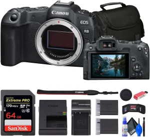 Canon EOS R8 Mirrorless Camera (5803C002)   64GB Memory Card   Bag   Charger   LPE17 Battery   Card Reader   Memory Wallet   Cleaning Kit (Renewed)