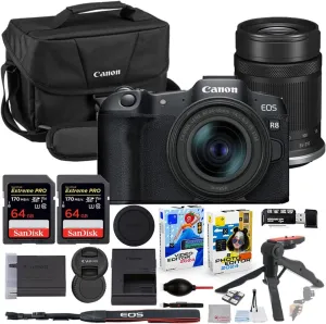 Canon EOS R8 Mirrorless Camera with 24-50mm & 55-210mm Lens Bundle with Canon 200ES EOS Shoulder Bag   2X 64GB Extreme Memory Cards   Accessory Kit
