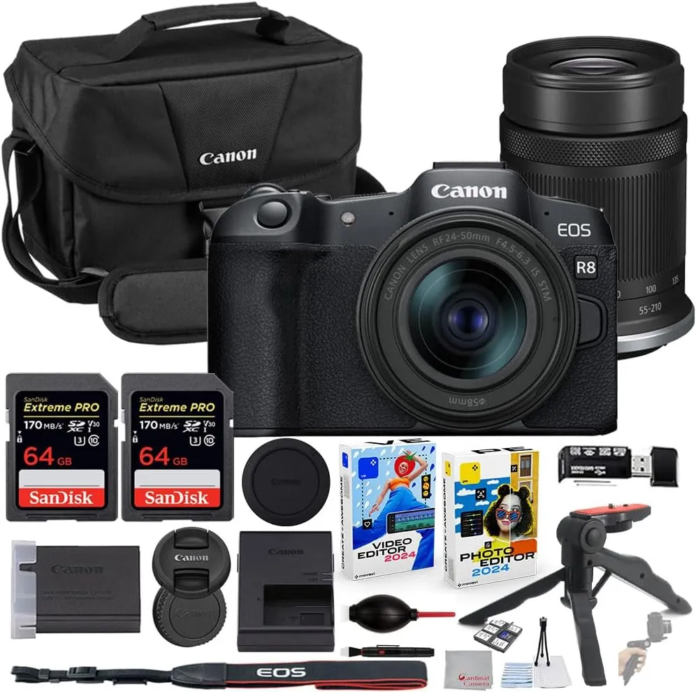 Canon EOS R8 Mirrorless Camera with 24-50mm & 55-210mm Lens Bundle with Canon 200ES EOS Shoulder Bag   2X 64GB Extreme Memory Cards   Accessory Kit