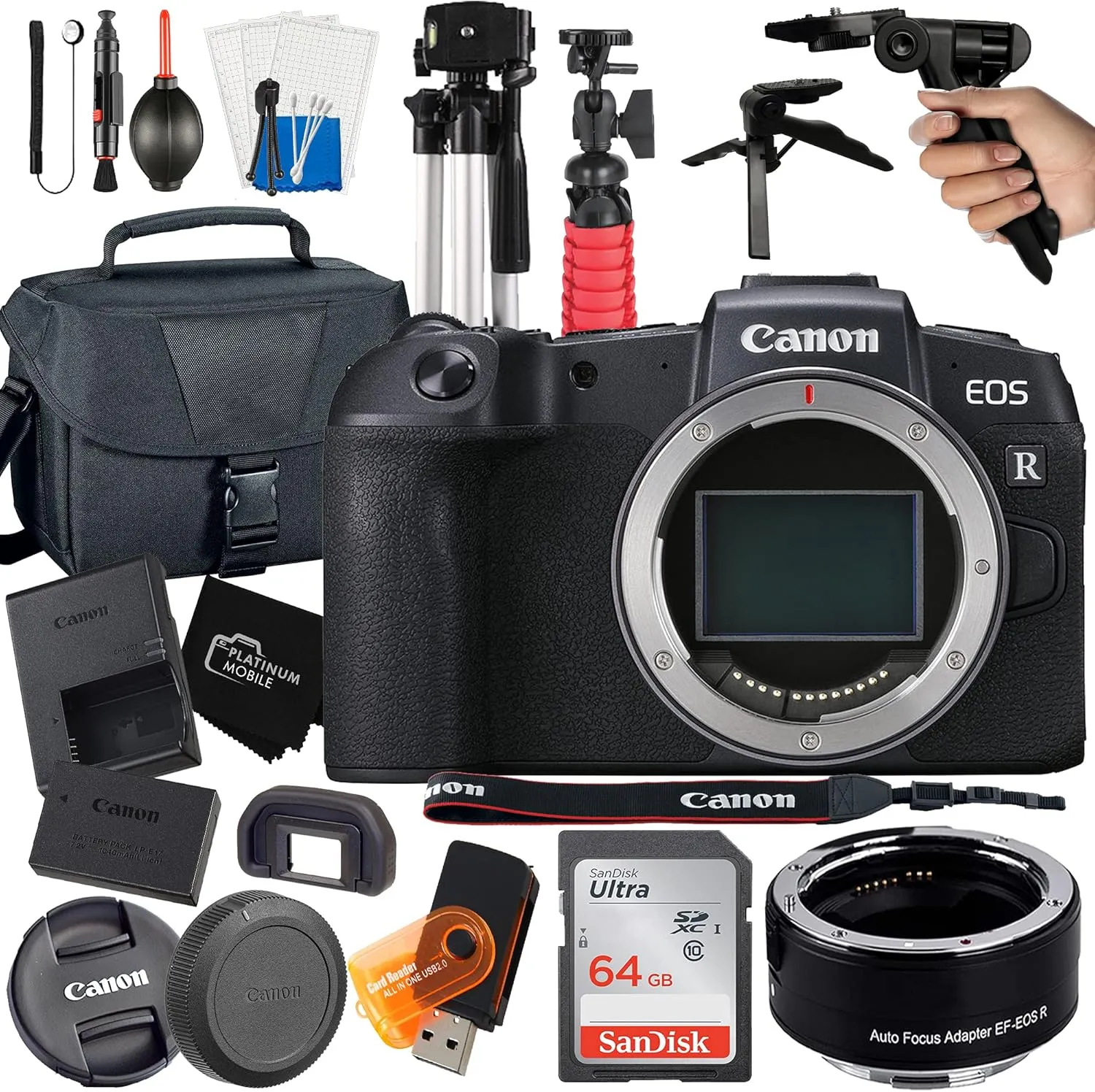 Canon EOS RP Mirrorless Digital Camera (Body Only) with Mount Auto Focus Adapter EF-EOS R   64GB Card   Tripod   Case   MegaAccessory Bundle (19pc Bundle) (SanDisk 64GB) (Renewed)