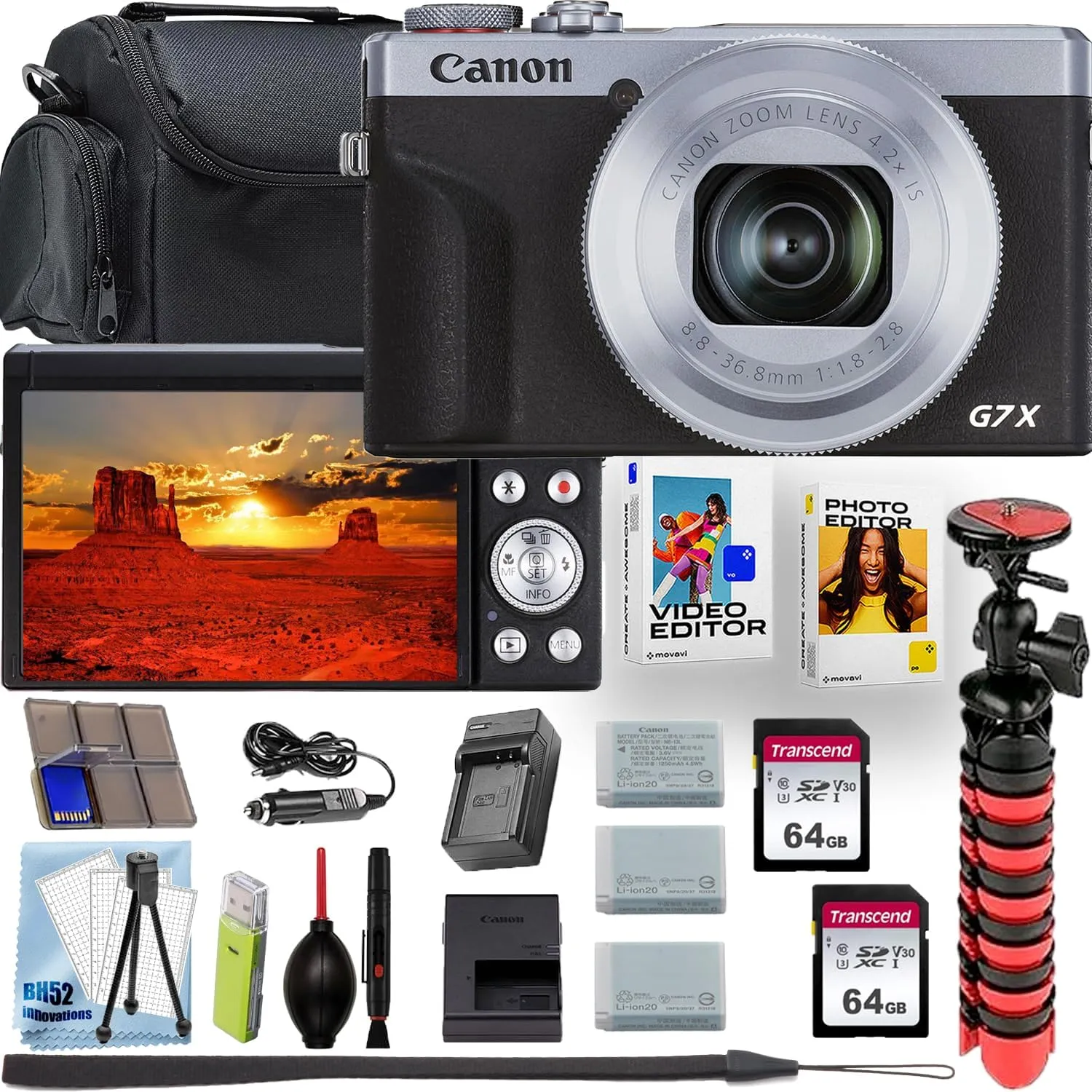 Canon PowerShot G7 X Mark III 4K Video Recording Digital Camera (Silver)   128GB Memory   Shoulder Bag   Flex Tripod   Software Kit   Deluxe Cleaning Kit (Renewed)