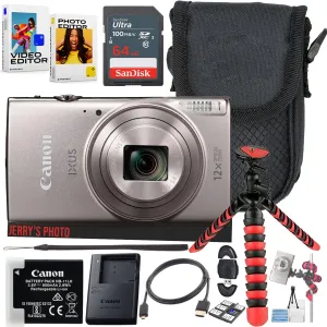 Canon PowerShot IXUS 285 / ELPH 360 HS Compact Digital Camera 12x Optical Zoom (Silver) Bundle with 64GB Memory Card   Camera Case   Card Reader   Spider Tripod   More (12pc Bundle) (Renewed)