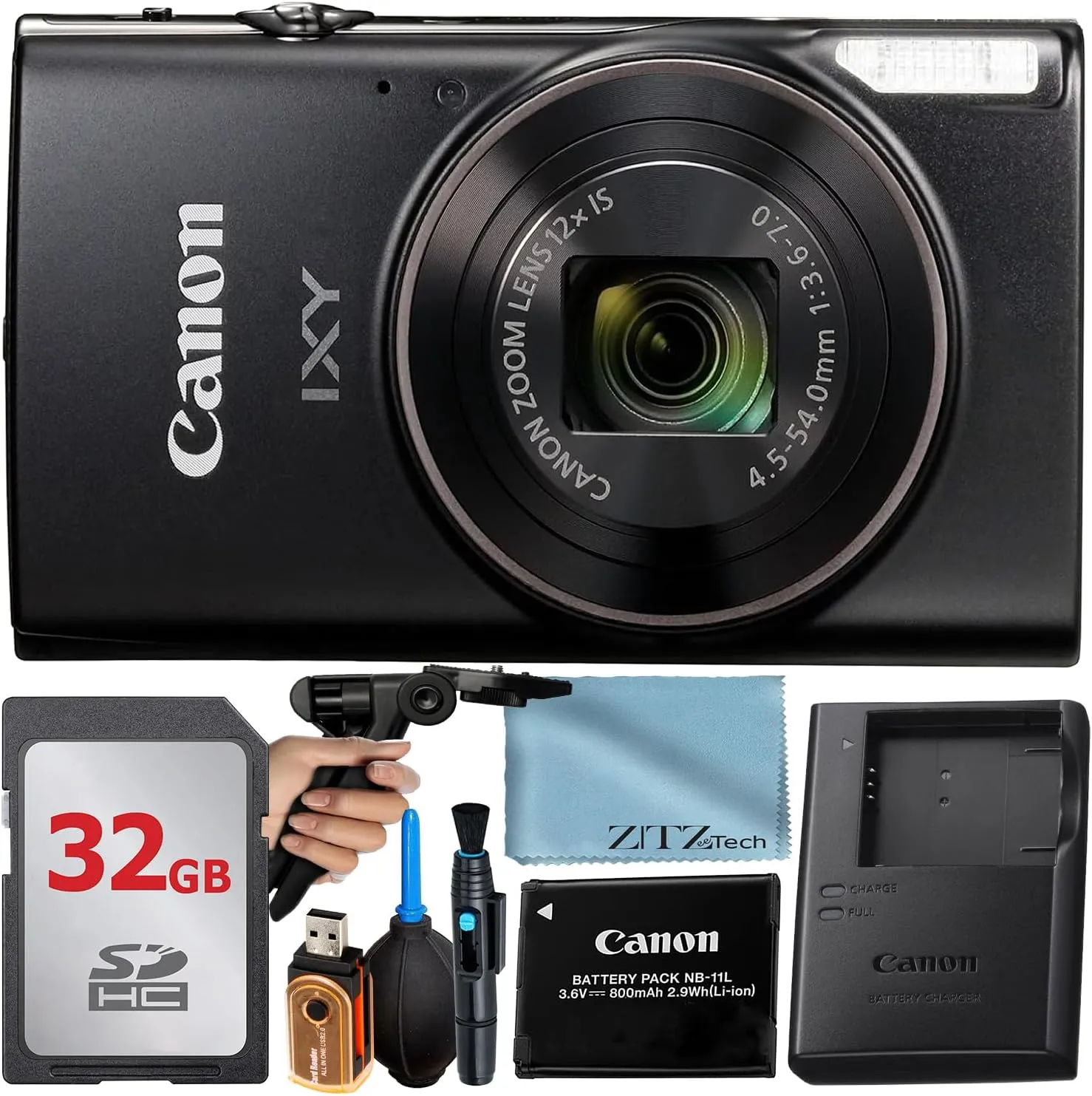 Canon PowerShot IXY 650 (ELPH 360) HS Digital Camera (Black)   32GB Memory Card   Grip Tripod   Accessory Bundle (Renewed)