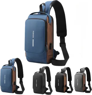 Carbon Fiber Streamlined Anti-theft Crossbody Bag, USB Charging Sports Sling Bag, Waterproof Shoulder Bag, Fashionable Crossbody Bag Suitable for Sports and Leisure (Blue Collage Gold)