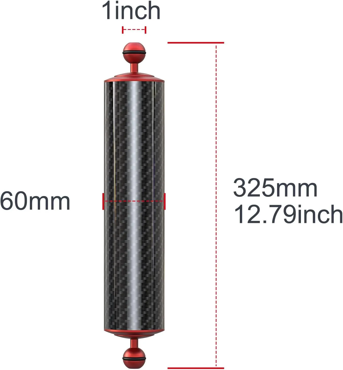 Carbon Fiber Underwater Float Arm with Dual Ball Mounts for Photography and Video, Compatible with Diving Trays, Video Lights, Strobes (red, 60mm12')