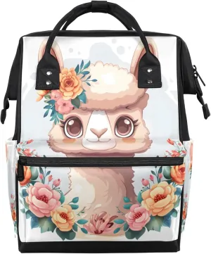 Cartoon Alpaca Flower Beautiful Diaper Bag Mommy Bags With Adjustable Shoulder Strap Waterproof Multifunction Shoulder Bag Travel Large Capacity Backpack for Moms And Dads