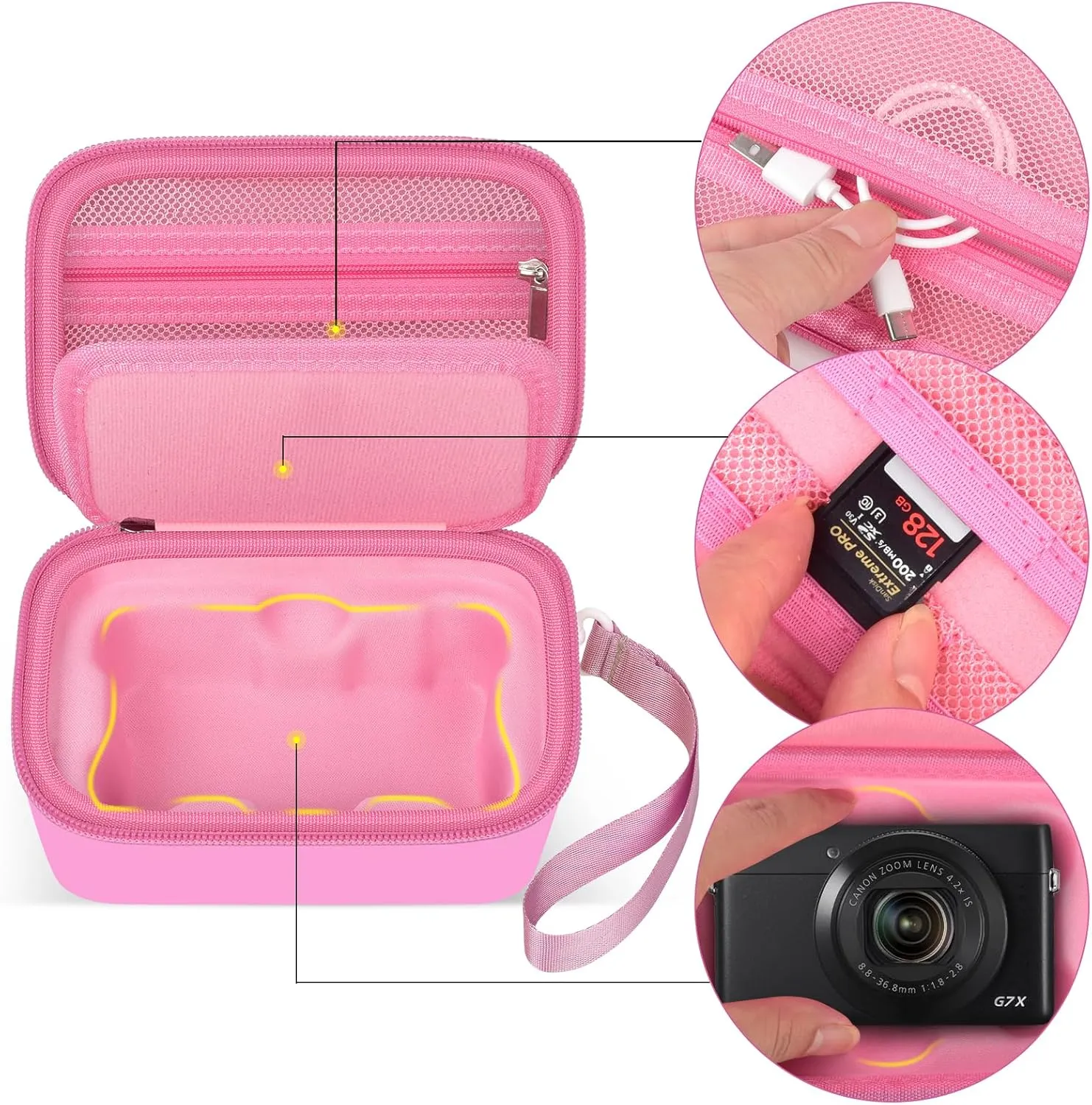 Case for Canon PowerShot SX740/ SX720/ G7X Mark III/ Mark II/ 4K Digital Camera, Point and Shoot Camera Bag With Padded Divider Holds SD Cards, Mesh Pocket for Usb Cable, Accessories-Pink(Box Only)