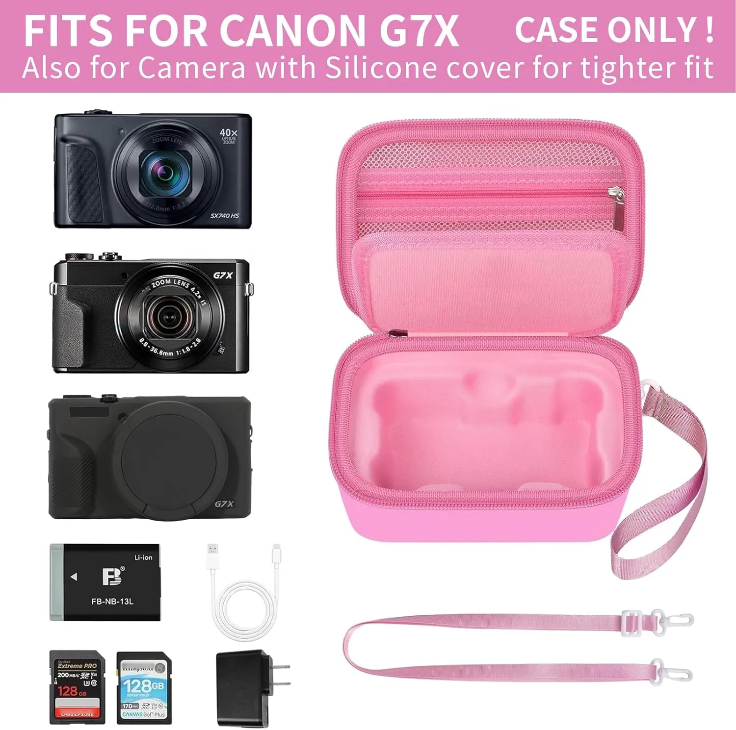 Case for Canon PowerShot SX740/ SX720/ G7X Mark III/ Mark II/ 4K Digital Camera, Point and Shoot Camera Bag With Padded Divider Holds SD Cards, Mesh Pocket for Usb Cable, Accessories-Pink(Box Only)