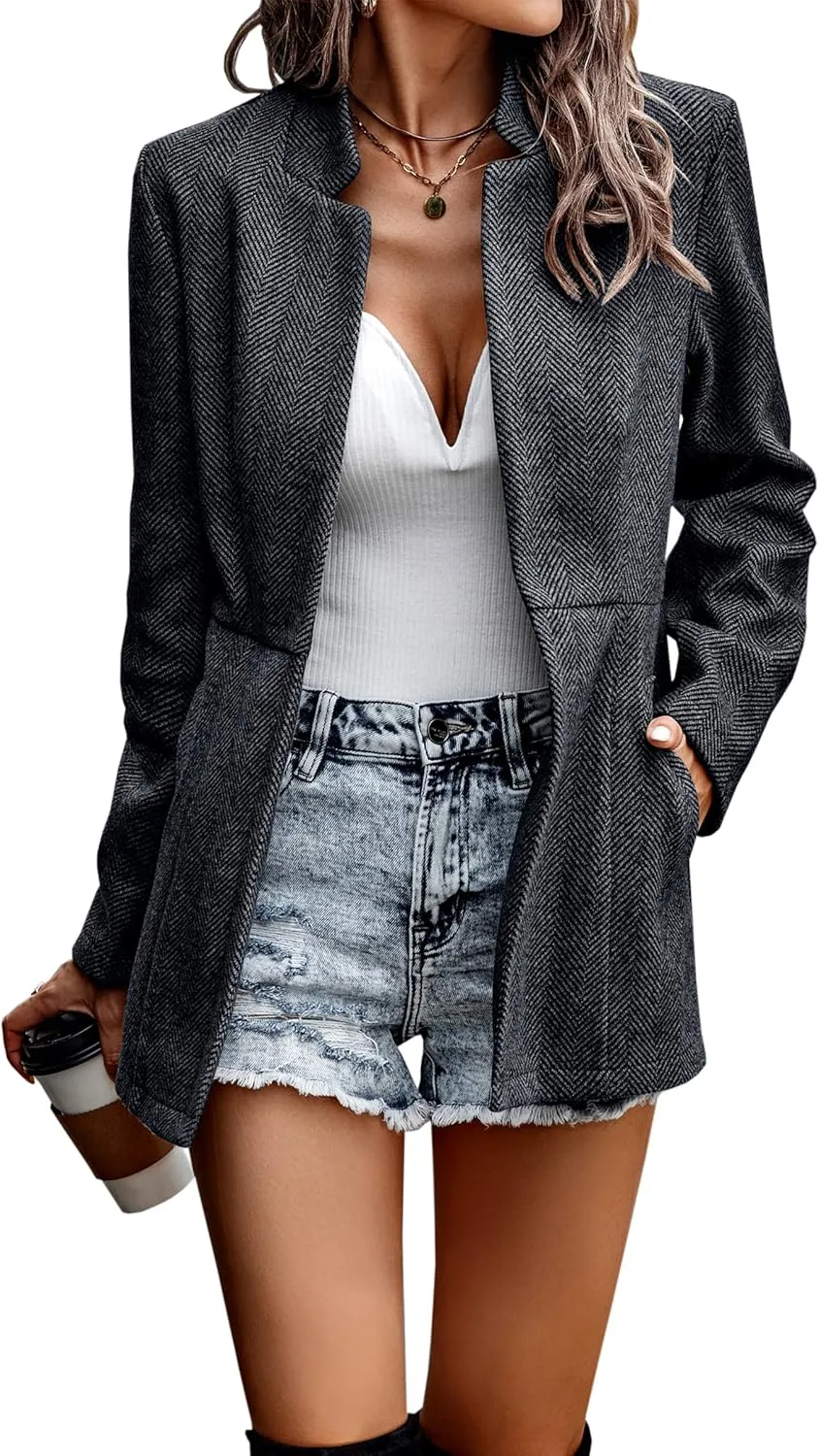 CCTOO Women's Coat Casual Open Front Blazer Long Sleeve Stand Collar Solid Trench Business Work Office Jacket Outwear