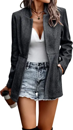 CCTOO Women's Coat Casual Open Front Blazer Long Sleeve Stand Collar Solid Trench Business Work Office Jacket Outwear