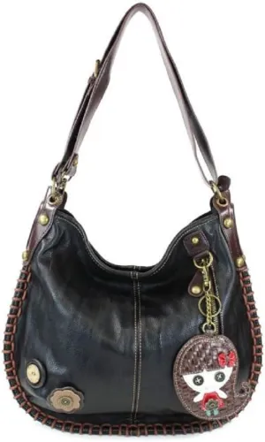 CHALA Crossbody Handbag, Hobo Style, Casual, Soft, Shoulder or Crossbody - Smiley Girl - Black