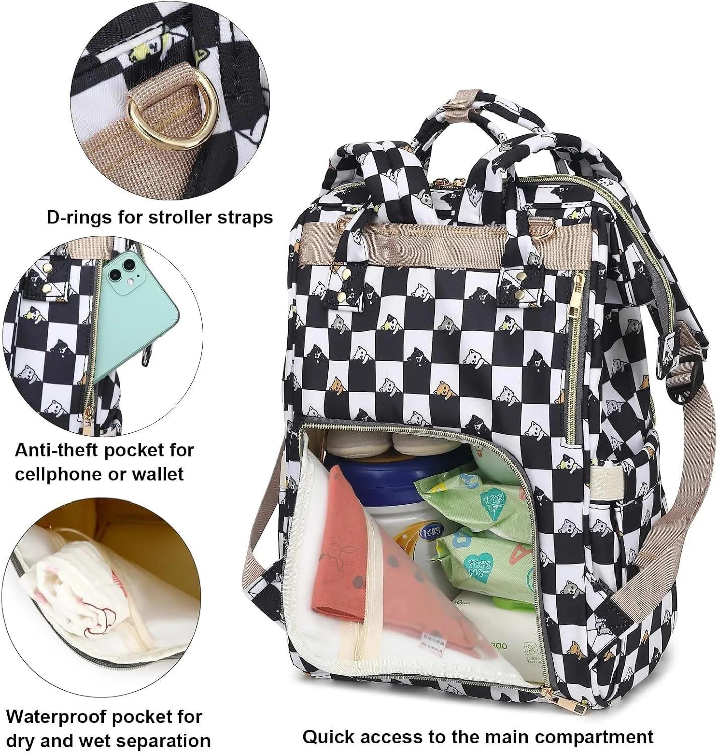 Checkered Cat Baby Diaper Bag Backpack for Girls Boys, Waterproof Large Maternity Nappy Bags for Mom