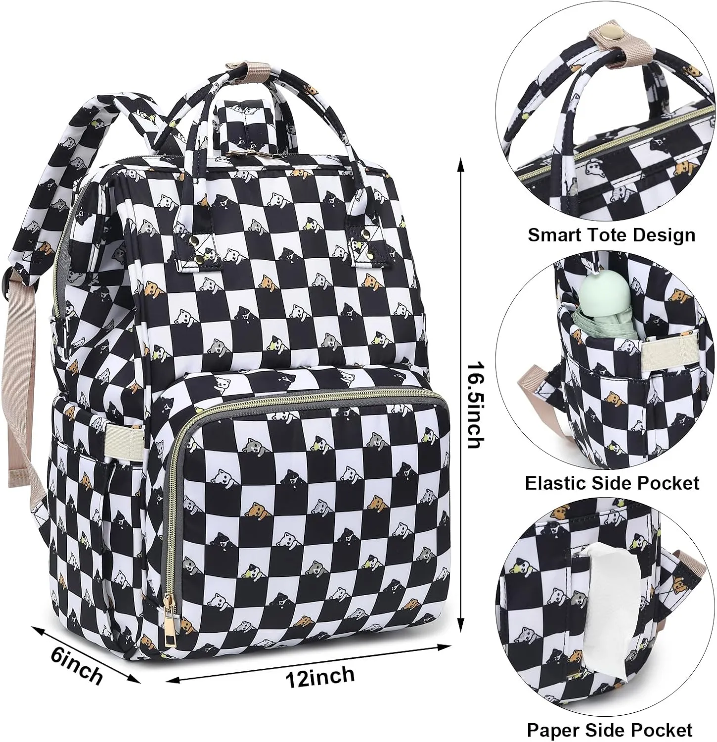 Checkered Cat Baby Diaper Bag Backpack for Girls Boys, Waterproof Large Maternity Nappy Bags for Mom