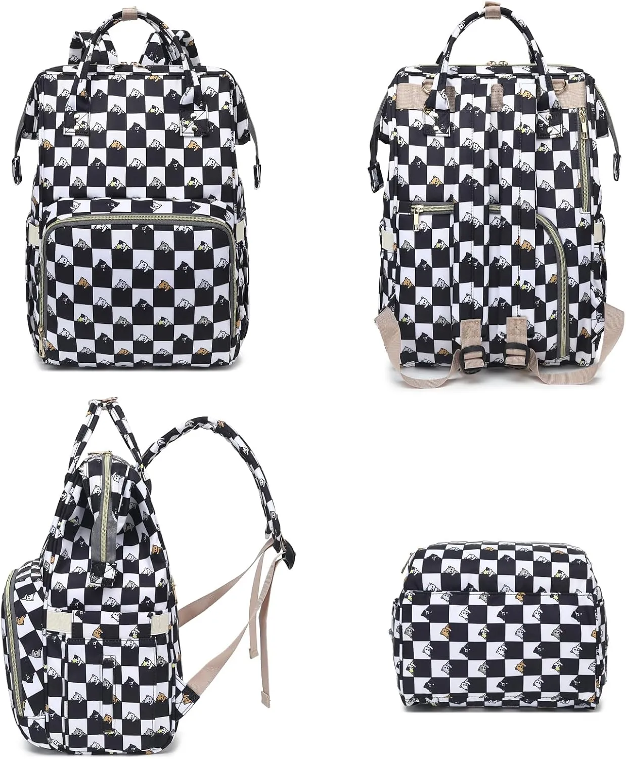 Checkered Cat Baby Diaper Bag Backpack for Girls Boys, Waterproof Large Maternity Nappy Bags for Mom