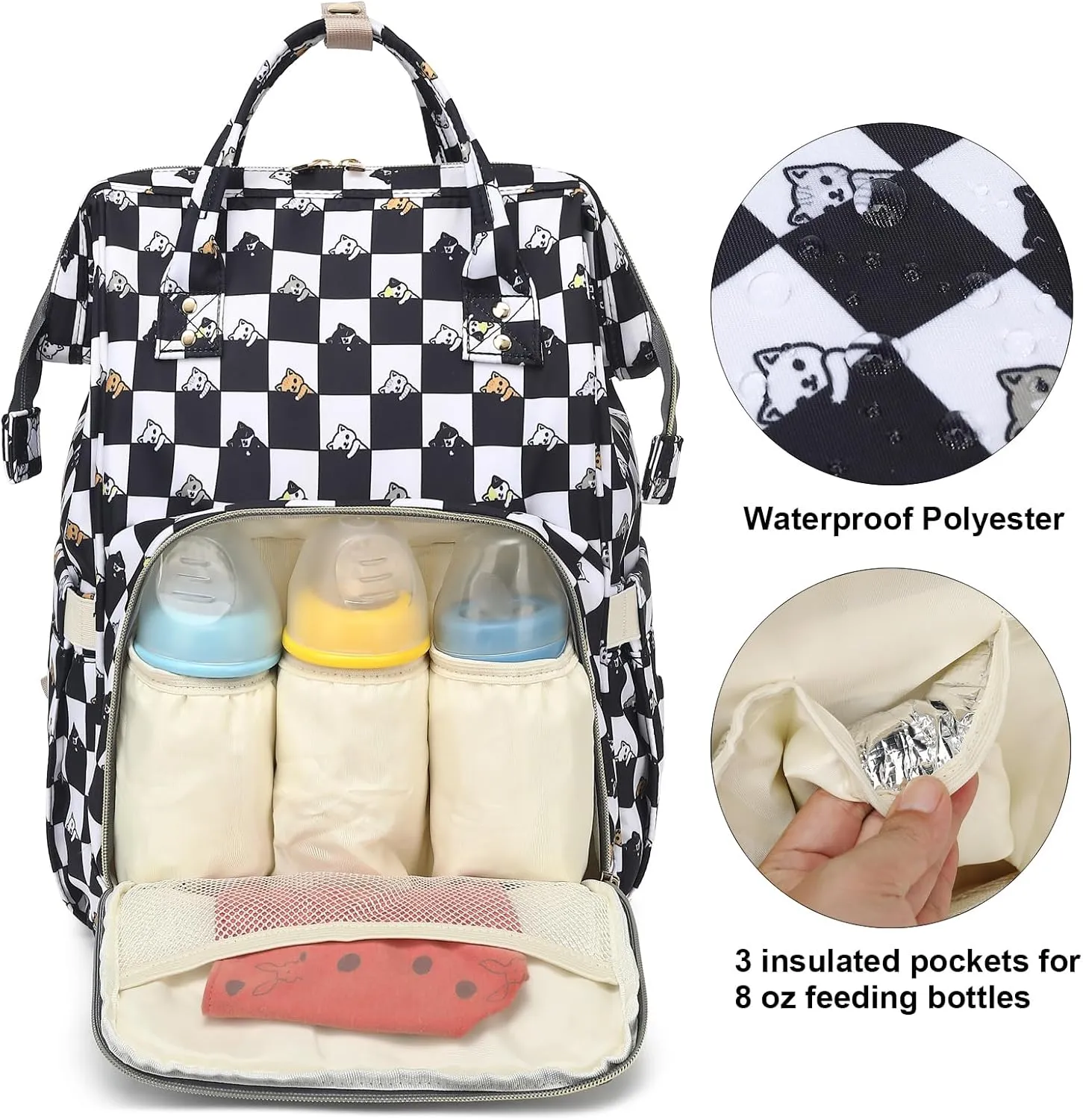 Checkered Cat Baby Diaper Bag Backpack for Girls Boys, Waterproof Large Maternity Nappy Bags for Mom