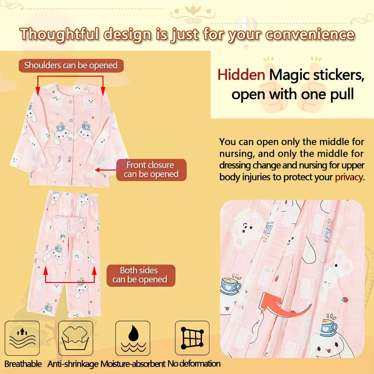 Childrens Bedridden Patient Clothing,Care Clothes,Disability Set with Full Opening on Both Sides,Post-Fracture Nursing Aid Suitable for Boys and Girls(Pink Rabbit,150)
