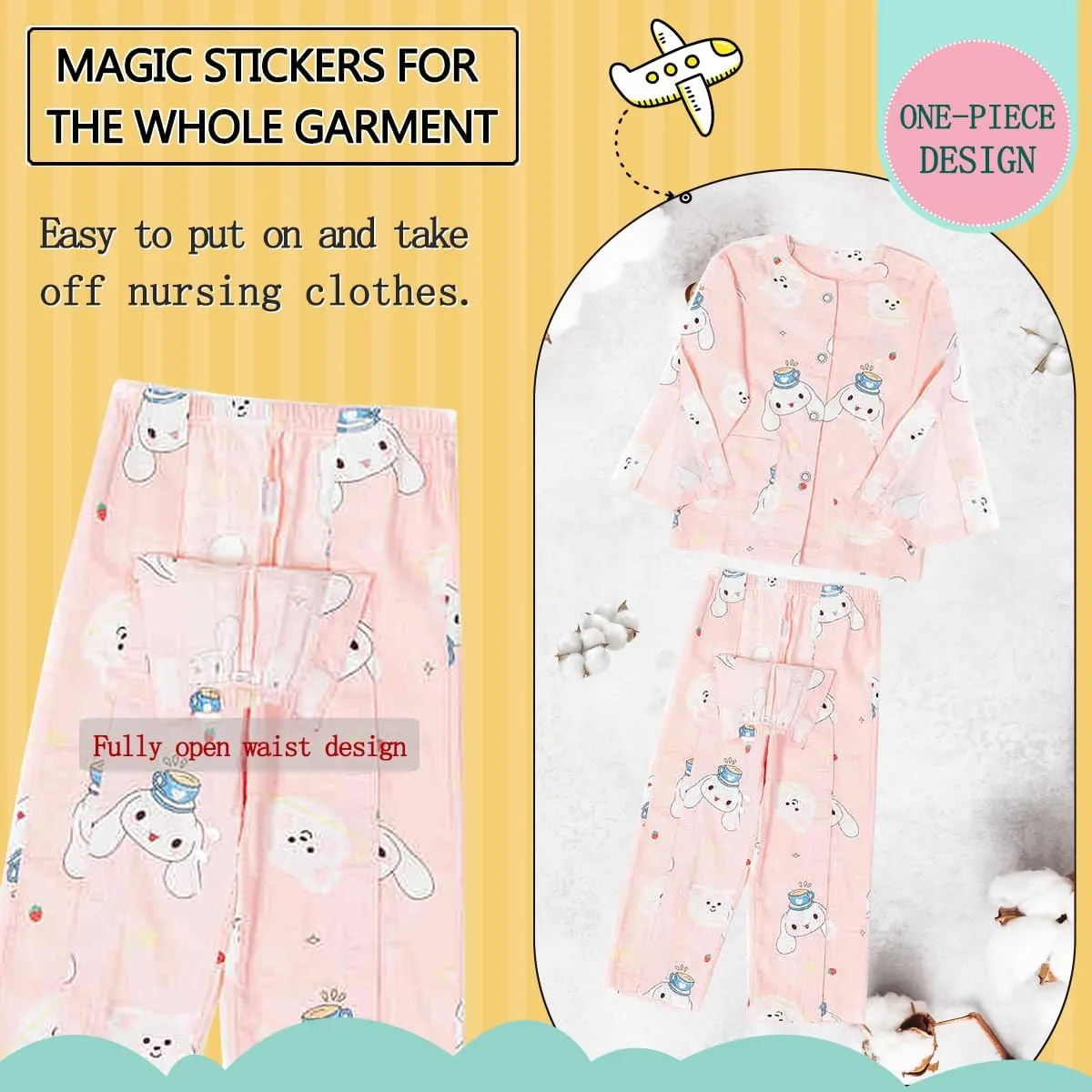Childrens Bedridden Patient Clothing,Care Clothes,Disability Set with Full Opening on Both Sides,Post-Fracture Nursing Aid Suitable for Boys and Girls(Pink Rabbit,150)