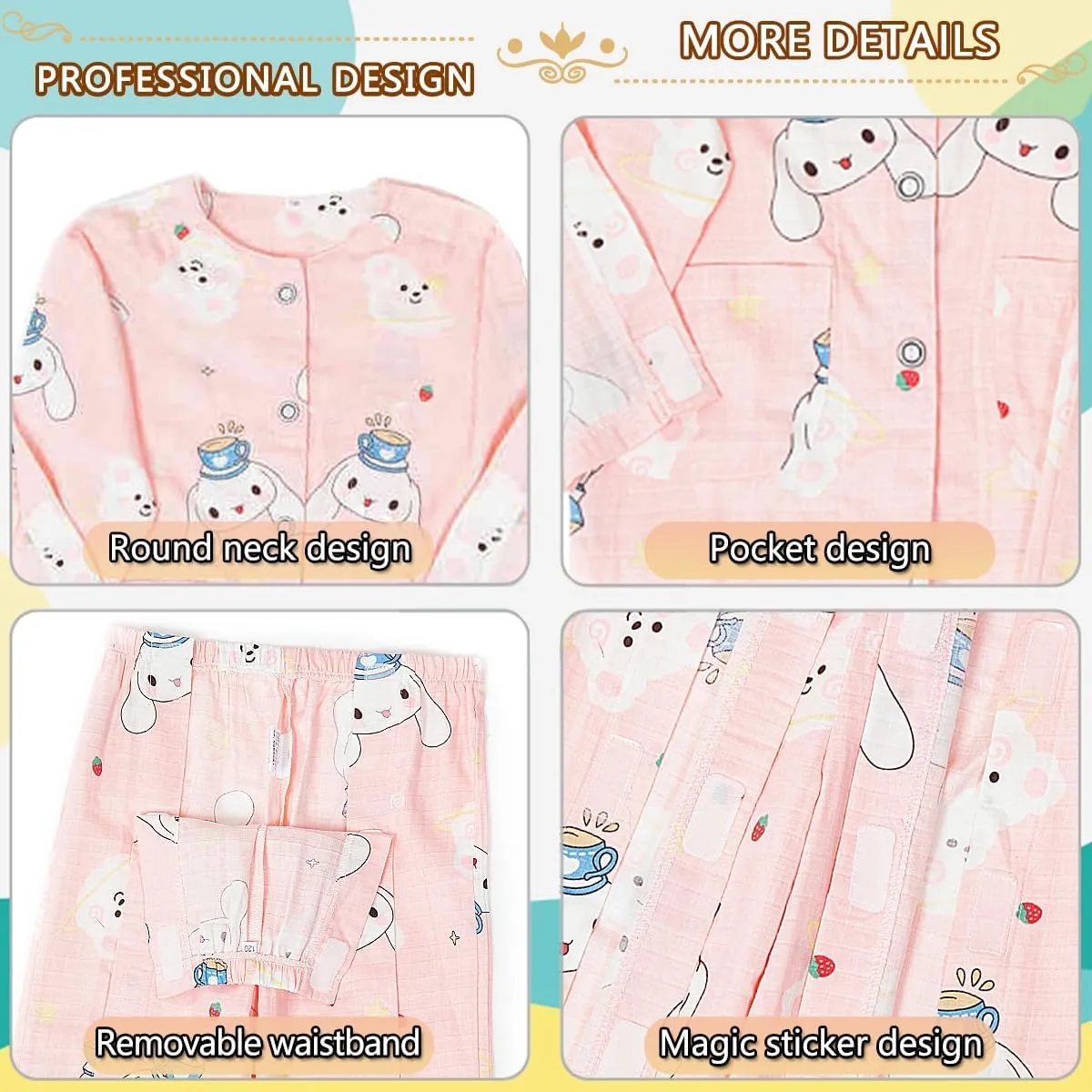 Childrens Bedridden Patient Clothing,Care Clothes,Disability Set with Full Opening on Both Sides,Post-Fracture Nursing Aid Suitable for Boys and Girls(Pink Rabbit,150)