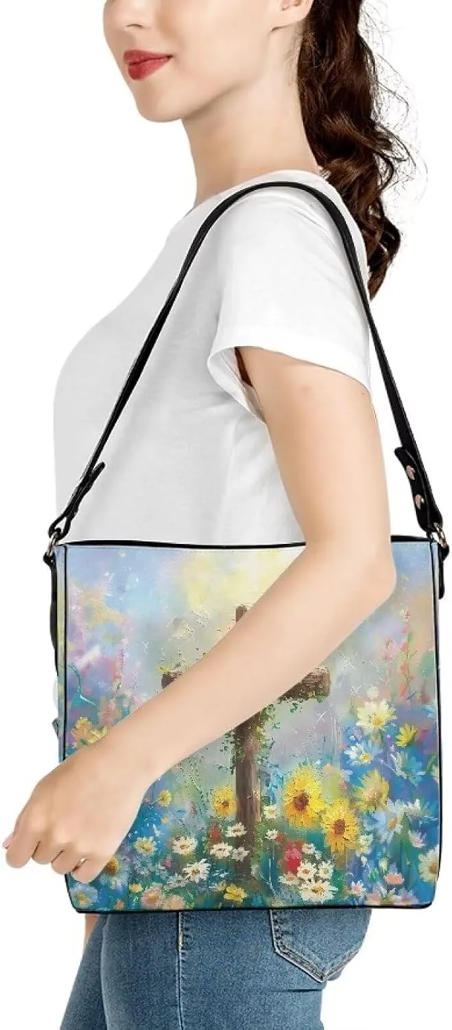 Christian Tote Bags for Women, God Quotes Leather Handbags Bucket Bags, PU Leather Bible Church Bag Satchel Hobo