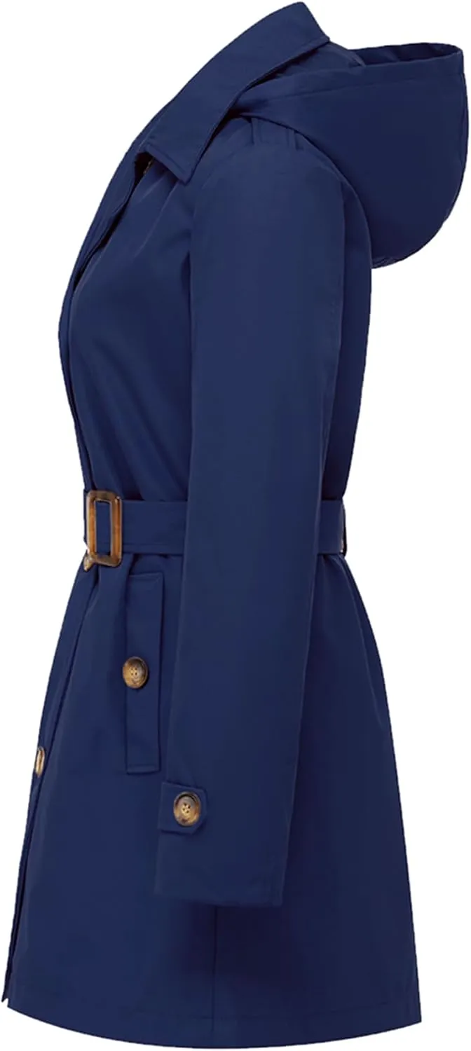 Chrisuno Women's Double Breasted Trench Coats Mid-Length Belted Overcoat Long Dress Jacket with Detachable Hood