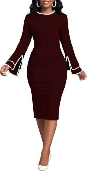 Classic Church Dress for Women Bell Long Sleeve Vintage Wear to Work Cocktail Business Split Pencil Sheath Dresses
