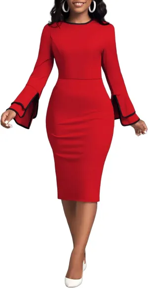 Classic Church Dress for Women Bell Long Sleeve Vintage Wear to Work Cocktail Business Split Pencil Sheath Dresses