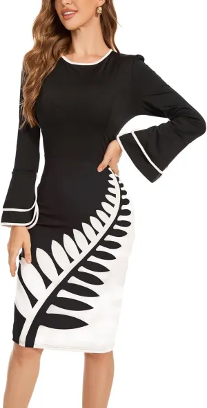 Classic Church Dress for Women Bell Long Sleeve Vintage Wear to Work Cocktail Business Split Pencil Sheath Dresses