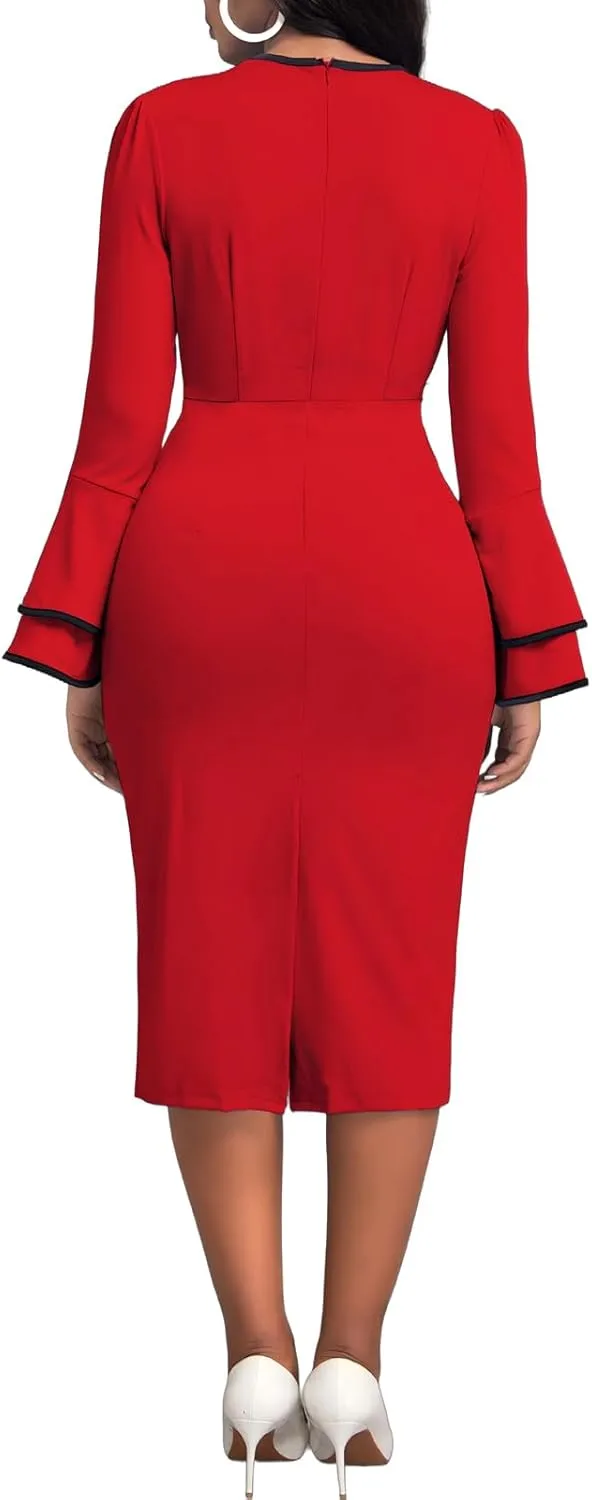 Classic Church Dress for Women Bell Long Sleeve Vintage Wear to Work Cocktail Business Split Pencil Sheath Dresses
