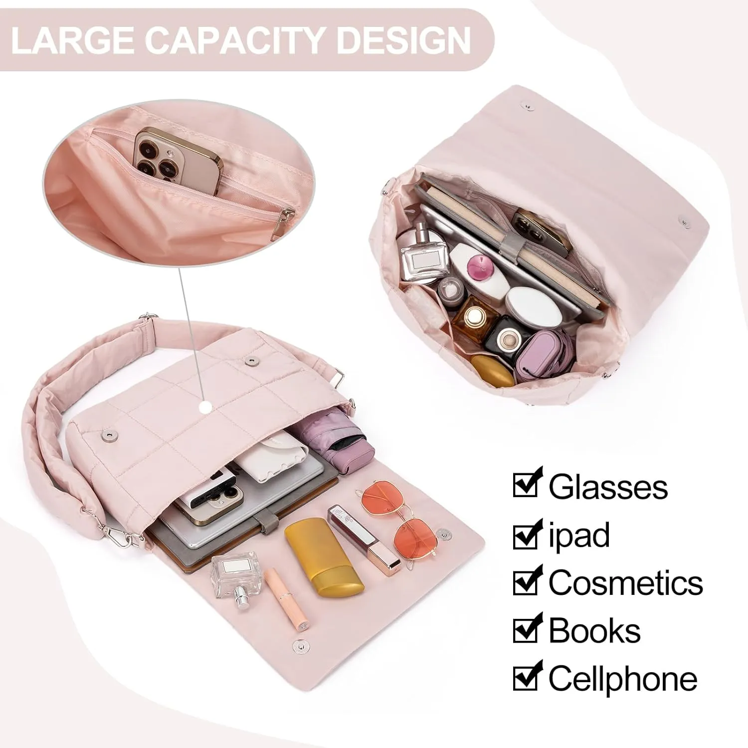 CLUCI Puffer Shoulder Bag Puffy Crossbody Purse for Women Middle Tote Bag Lightweight Cotton Padded Hobo Handbag